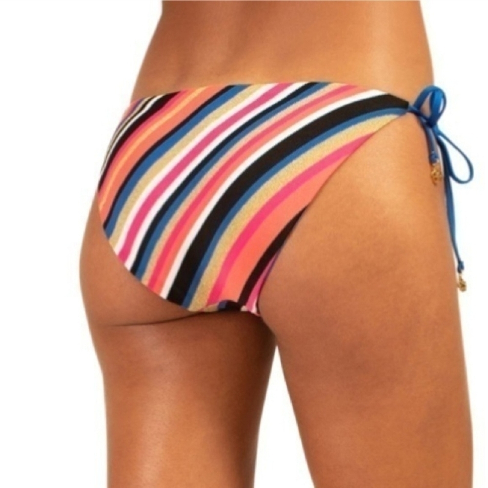 Trina Turk Lux Piqué Tie Side Pant Bikini Bottom Metallic Gold Blue Pink - Picture 4 of 17